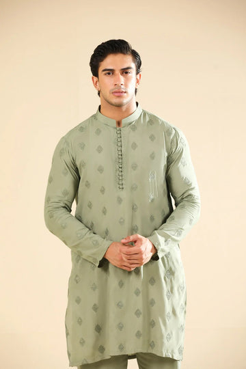 Bahaar - Mint Raw Silk Embroidered Kurta Trouser - Men