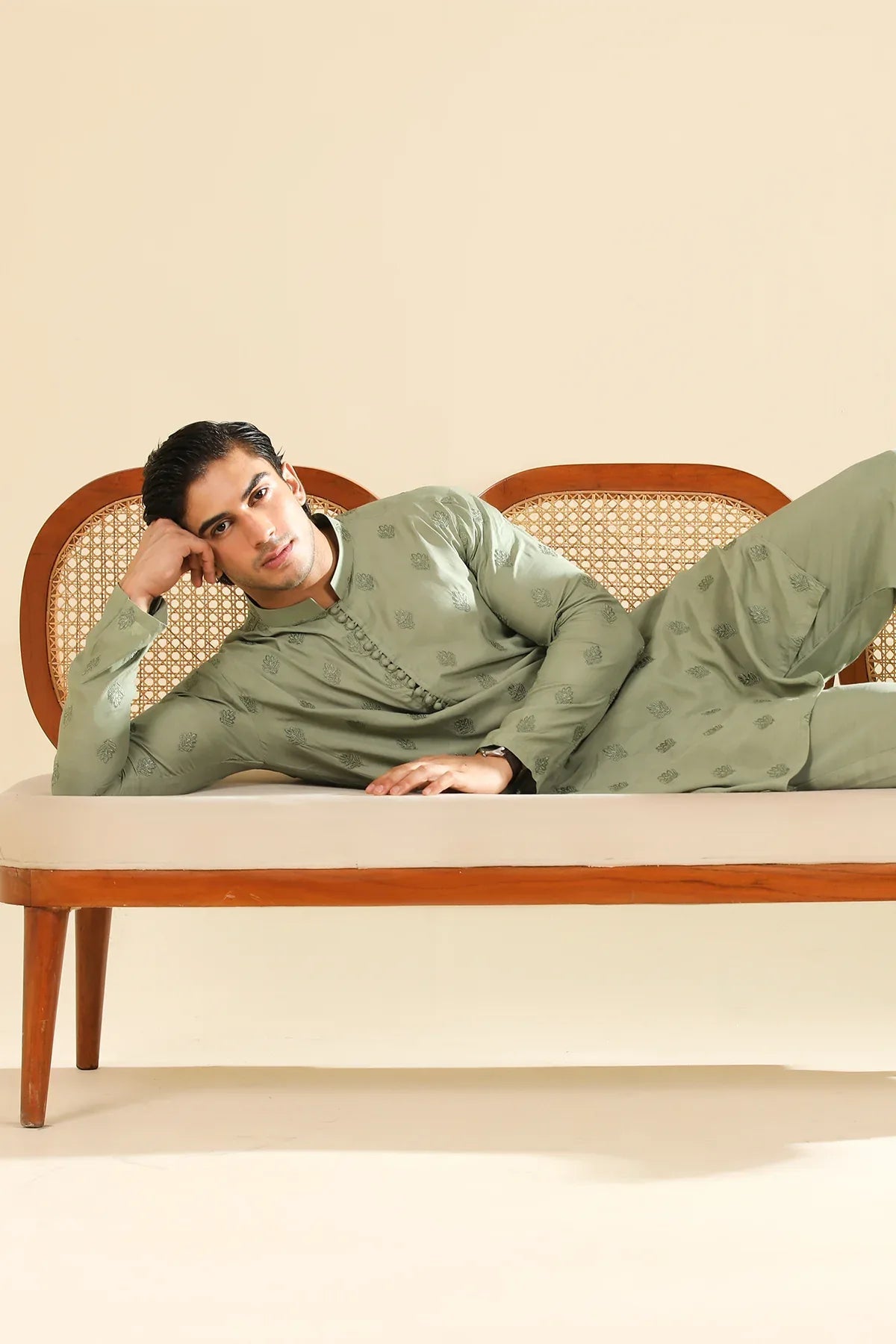 Bahaar - Mint Raw Silk Embroidered Kurta Trouser - Men