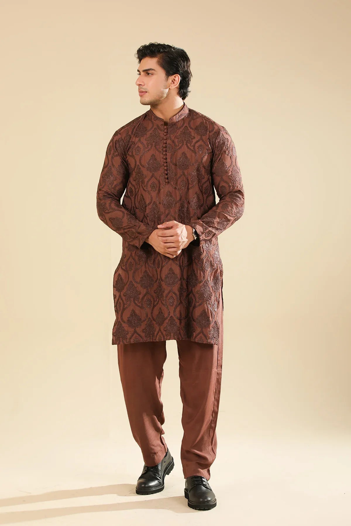 Faris - Cocoa Brown Raw Silk Embroidered Kurta Trouser - Men
