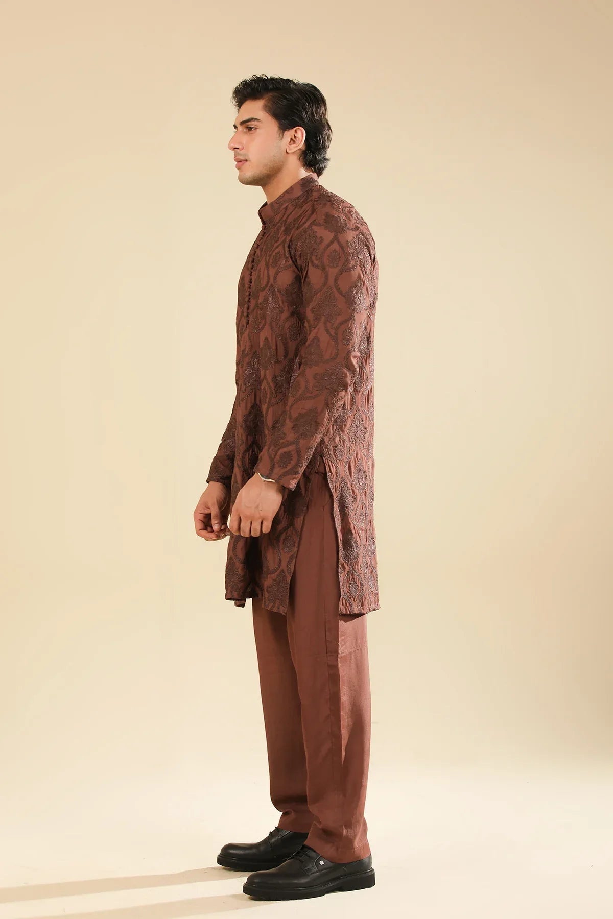 Faris - Cocoa Brown Raw Silk Embroidered Kurta Trouser - Men