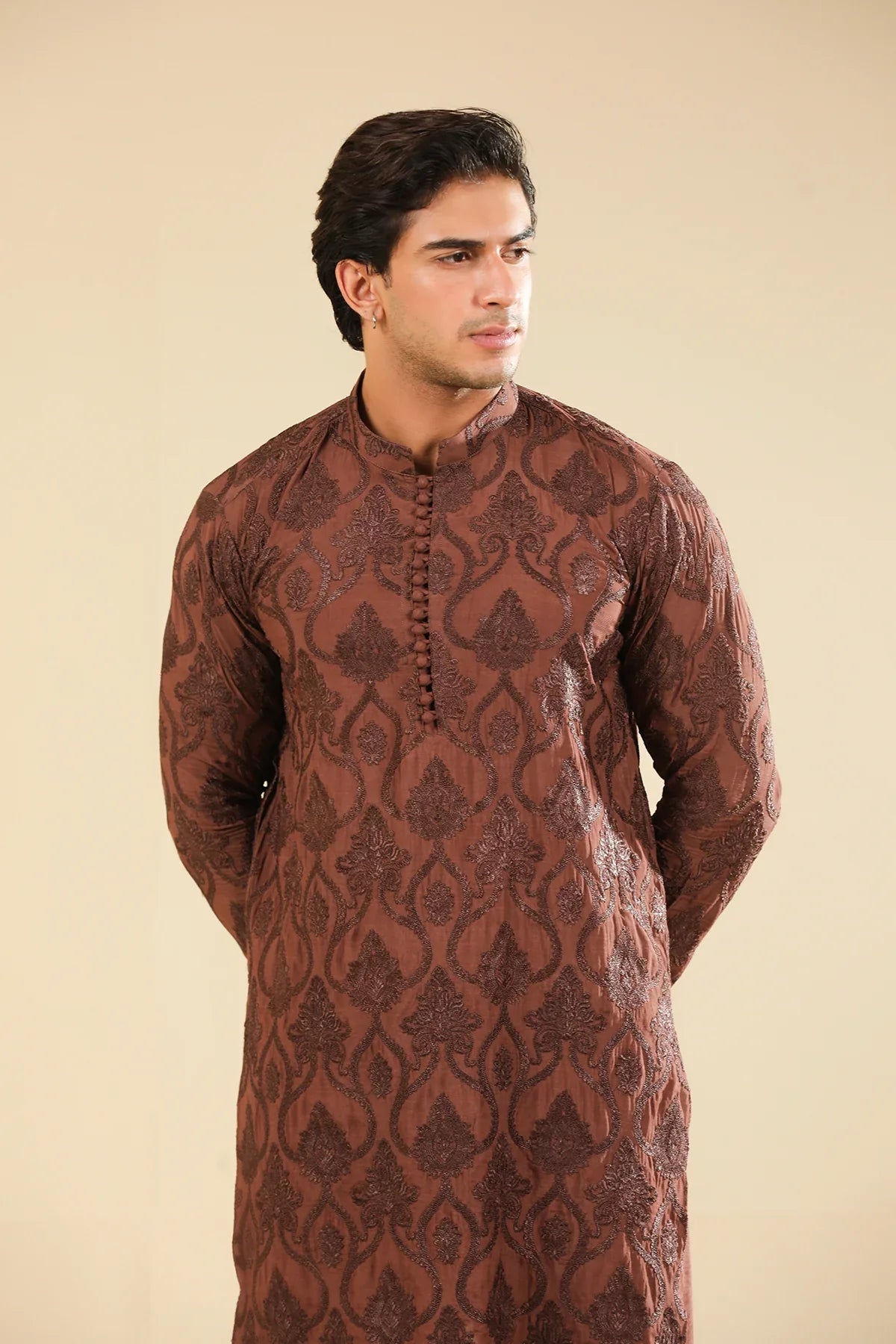 Faris - Cocoa Brown Raw Silk Embroidered Kurta Trouser - Men