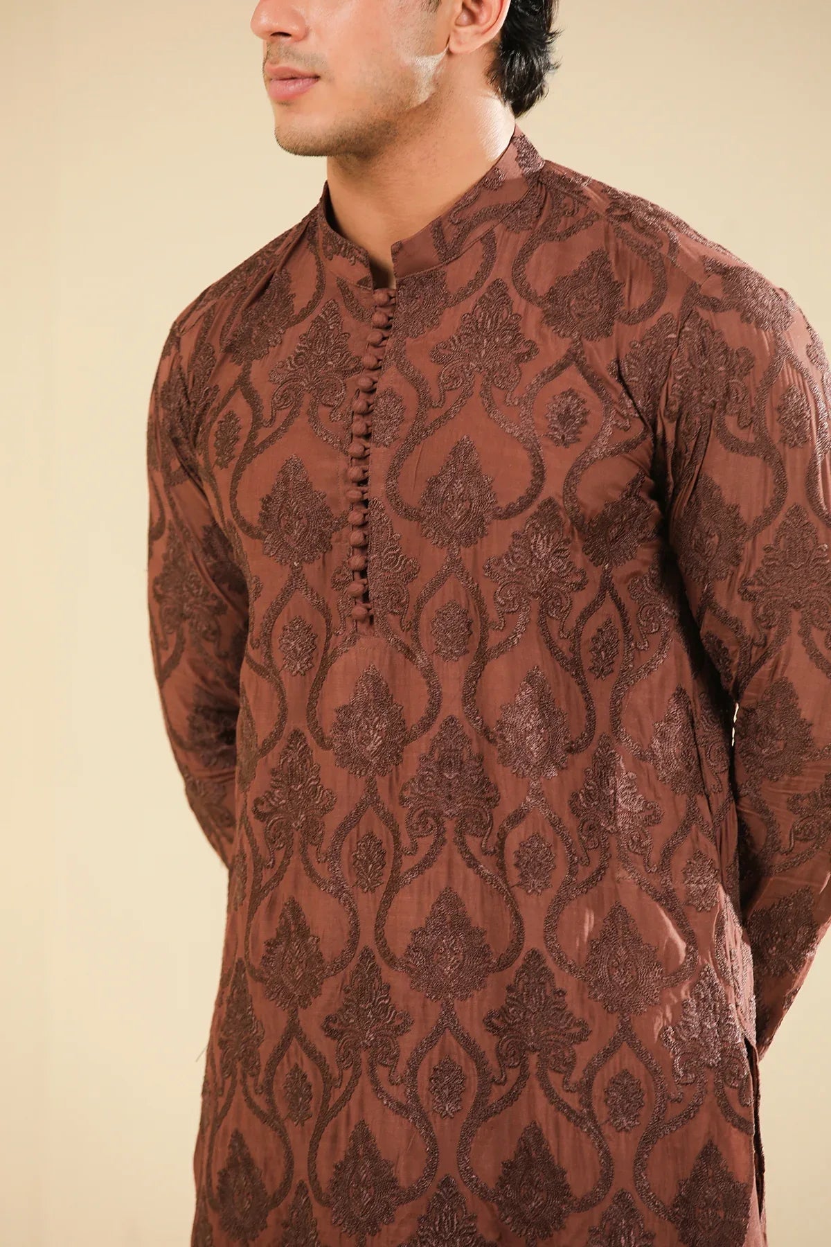 Faris - Cocoa Brown Raw Silk Embroidered Kurta Trouser - Men