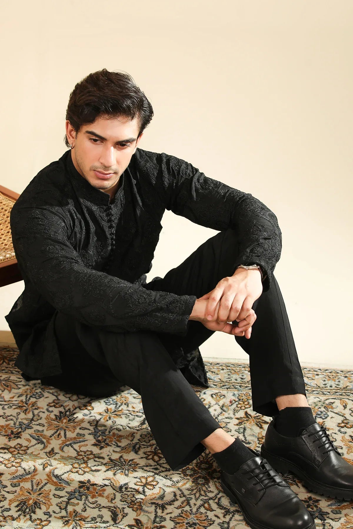 Zauq - Black Embroidered Kurta Trouser - Men