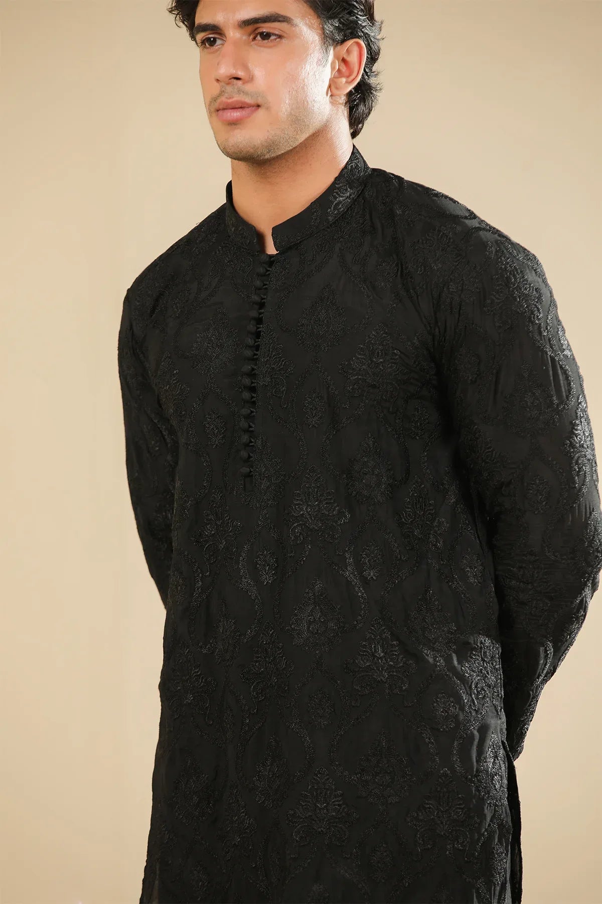 Zauq - Black Embroidered Kurta Trouser - Men