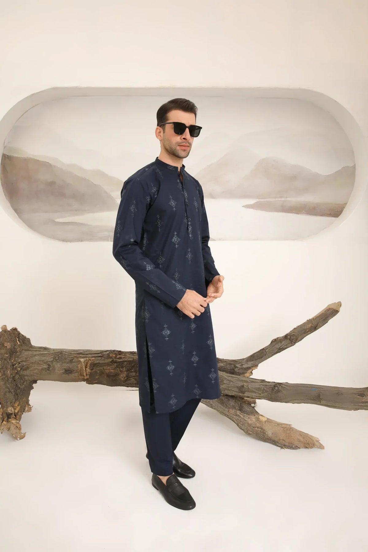 Navy Blue Cotton Embroidered Kurta Trouser - Men