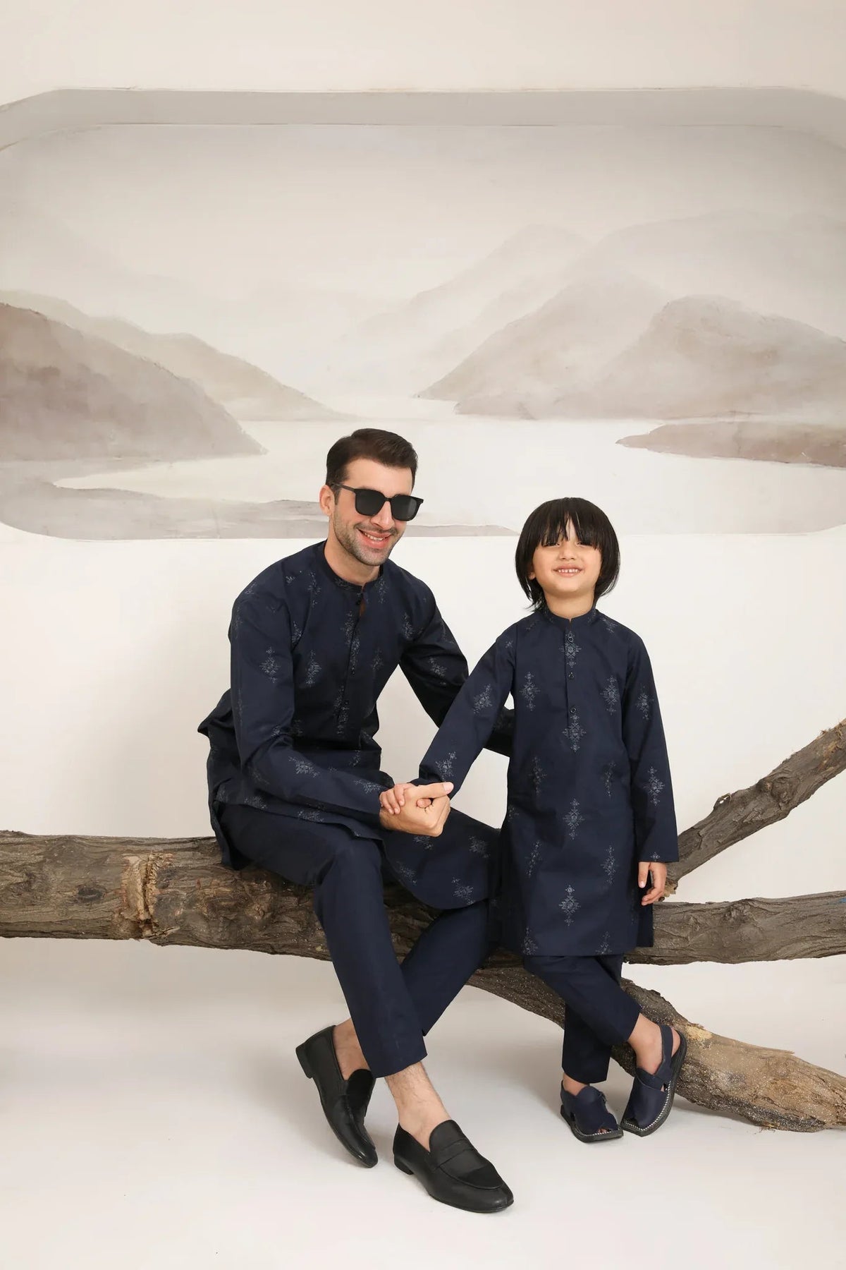 Navy Blue Cotton Embroidered Kurta Trouser - Kids