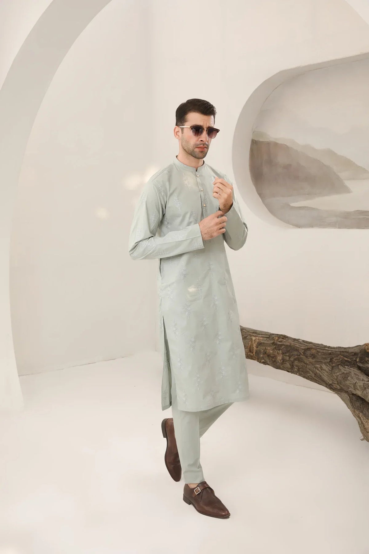 Light Mint Cotton Embroidered Kurta Trouser - Men