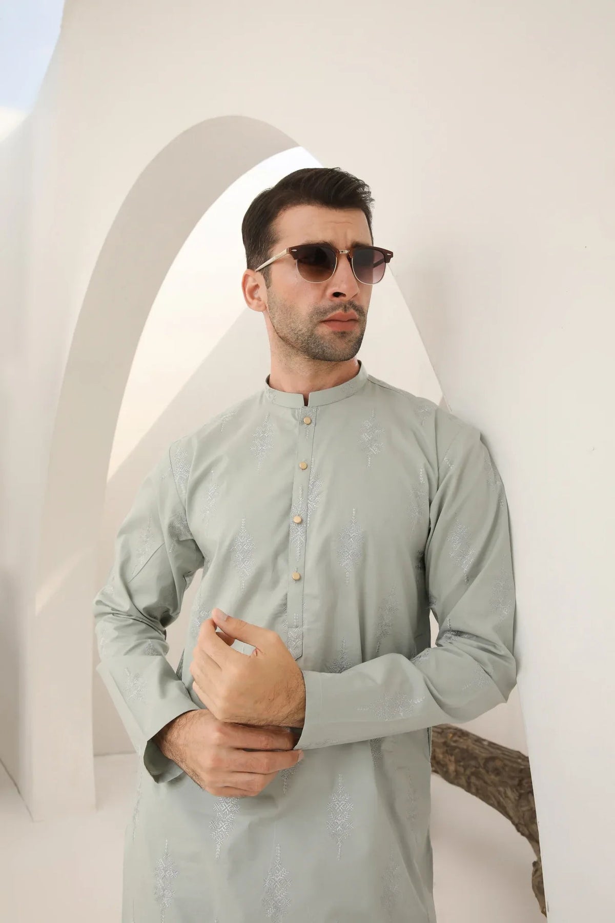 Light Mint Cotton Embroidered Kurta Trouser - Men
