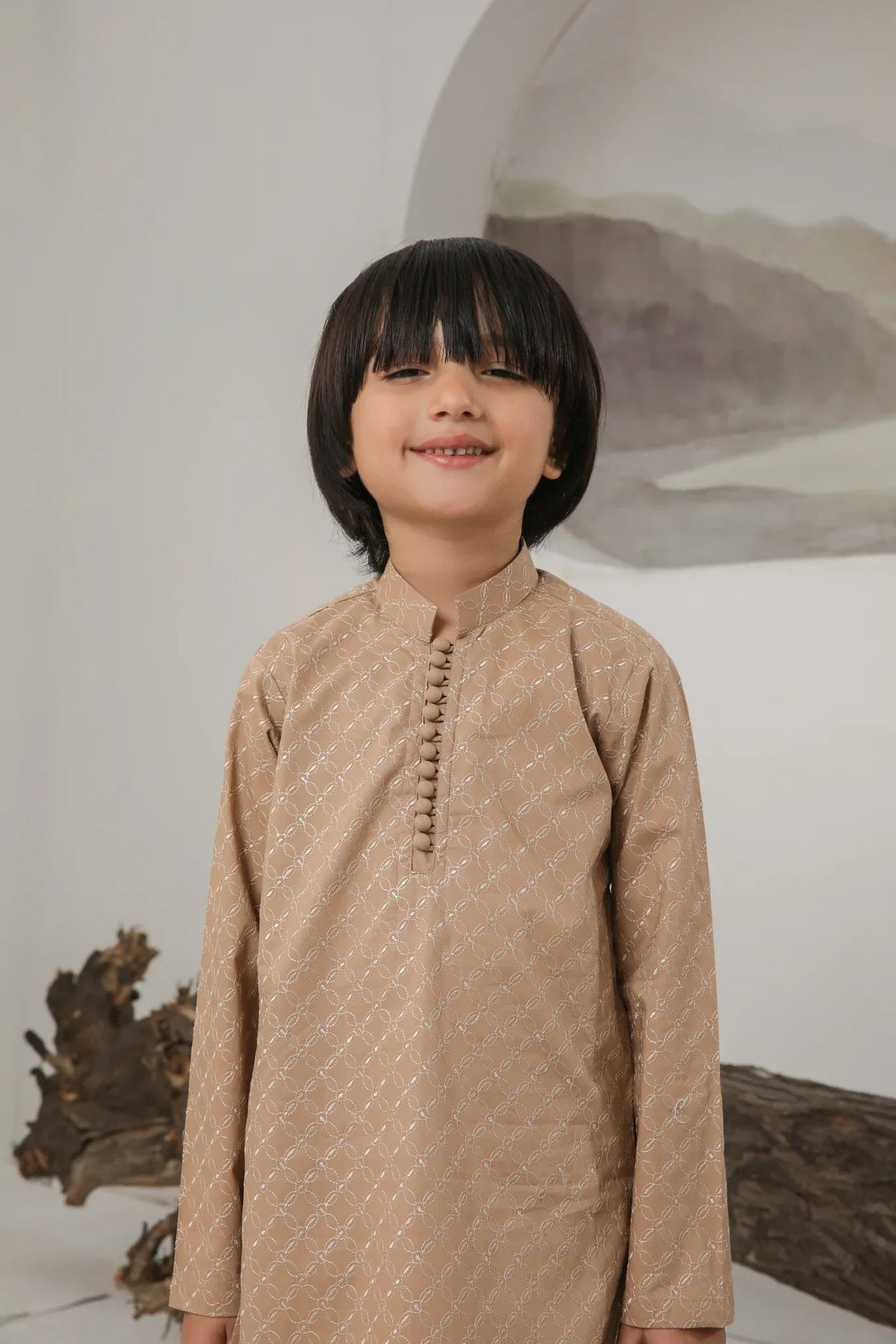Camel Cotton Embroidered Kurta Trouser - Kids