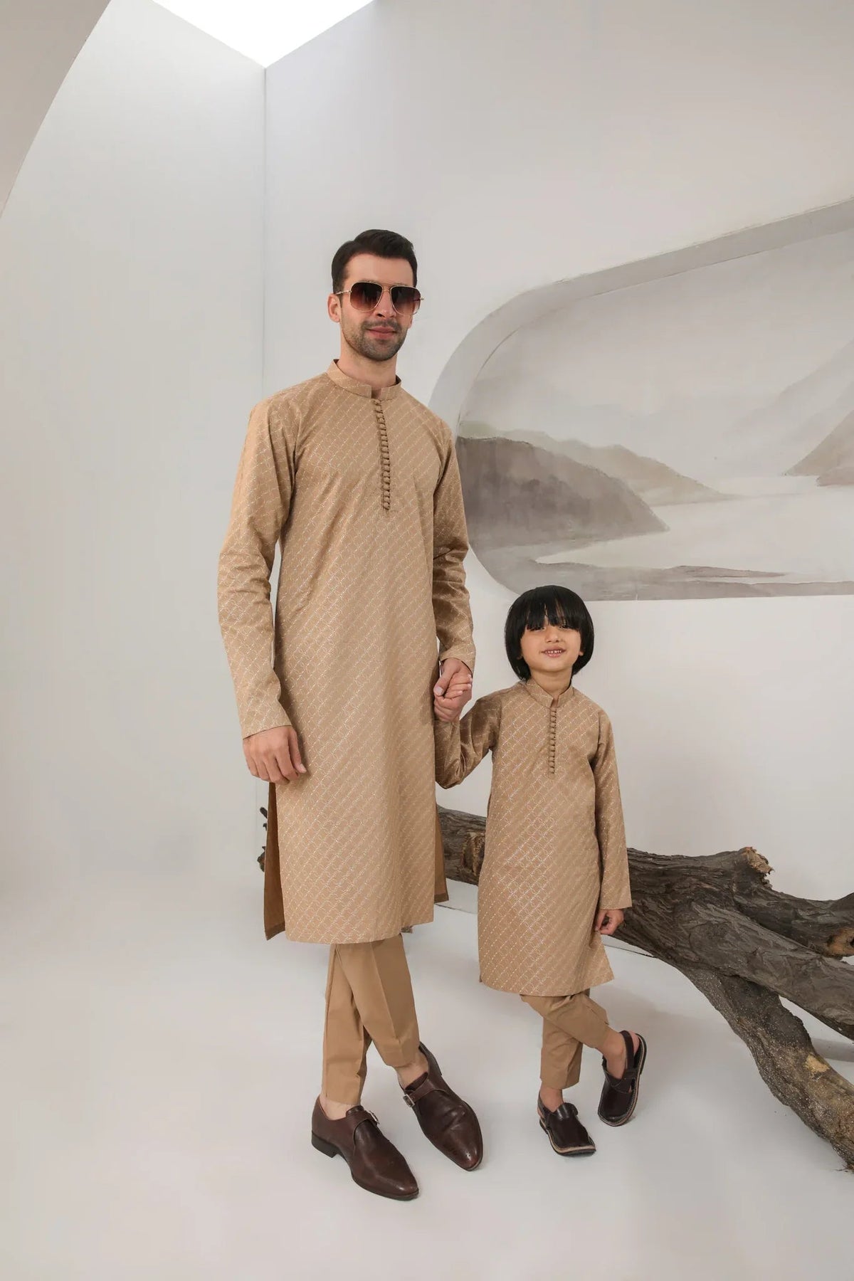 Camel Cotton Embroidered Kurta Trouser - Kids