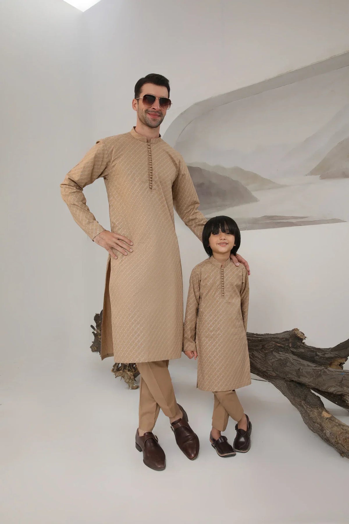 Camel Cotton Embroidered Kurta Trouser - Men
