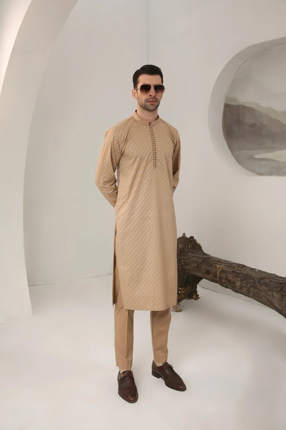 Camel Cotton Embroidered Kurta Trouser - Men