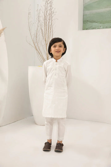 Off White Cotton Embroidered Kurta Trouser - Loop Buttons - Kids