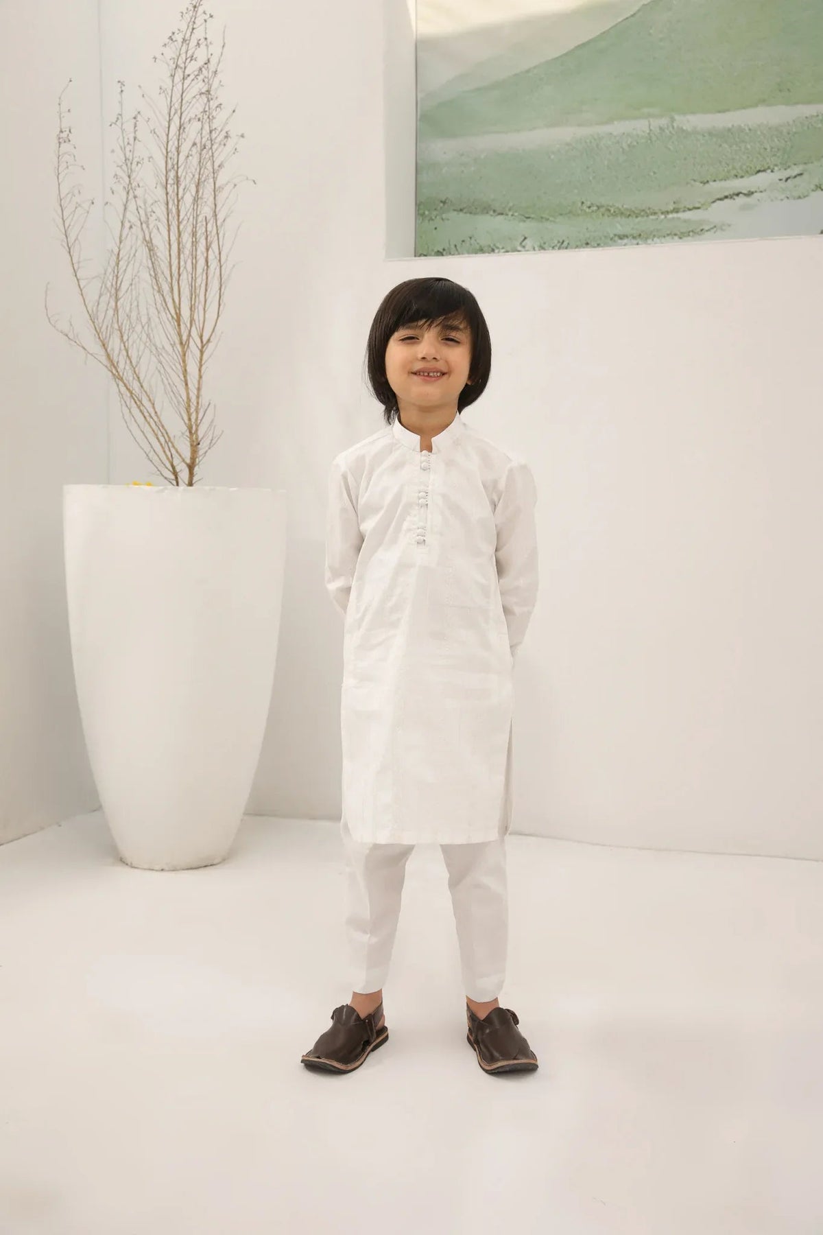 Off White Cotton Embroidered Kurta Trouser - Loop Buttons - Kids