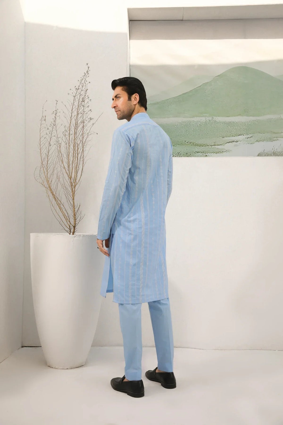Sky Blue Cotton Embroidered Kurta Trouser - Men