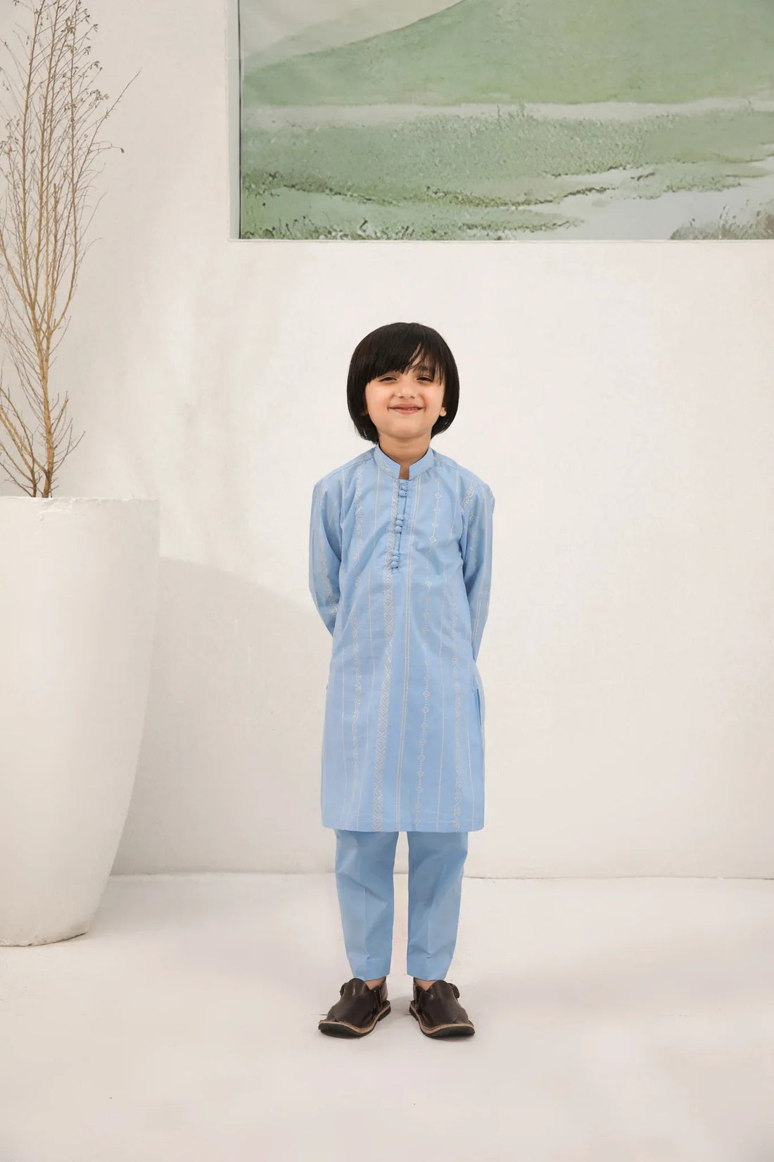Sky Blue Cotton Embroidered Kurta Trouser - Kids