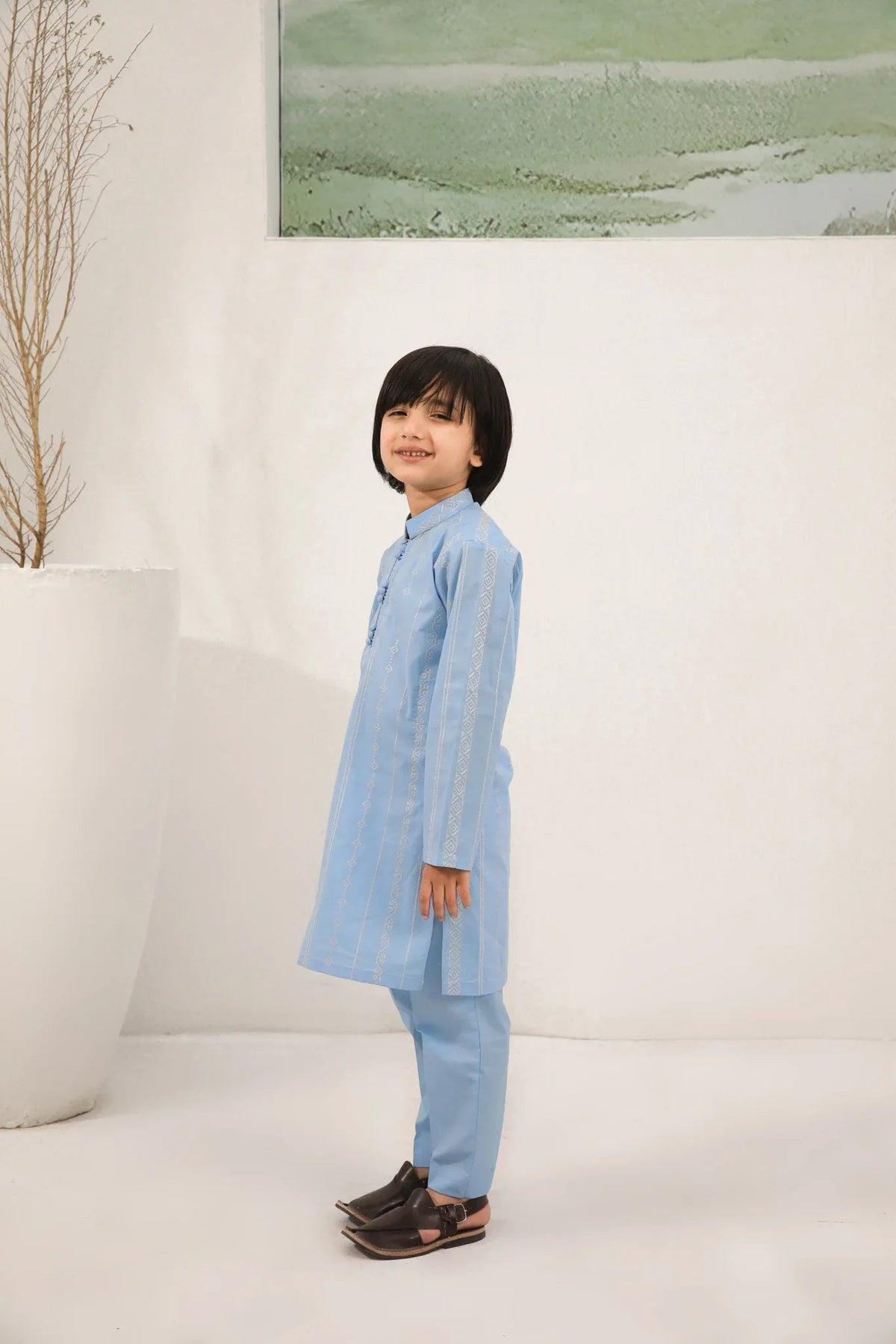Sky Blue Cotton Embroidered Kurta Trouser - Kids