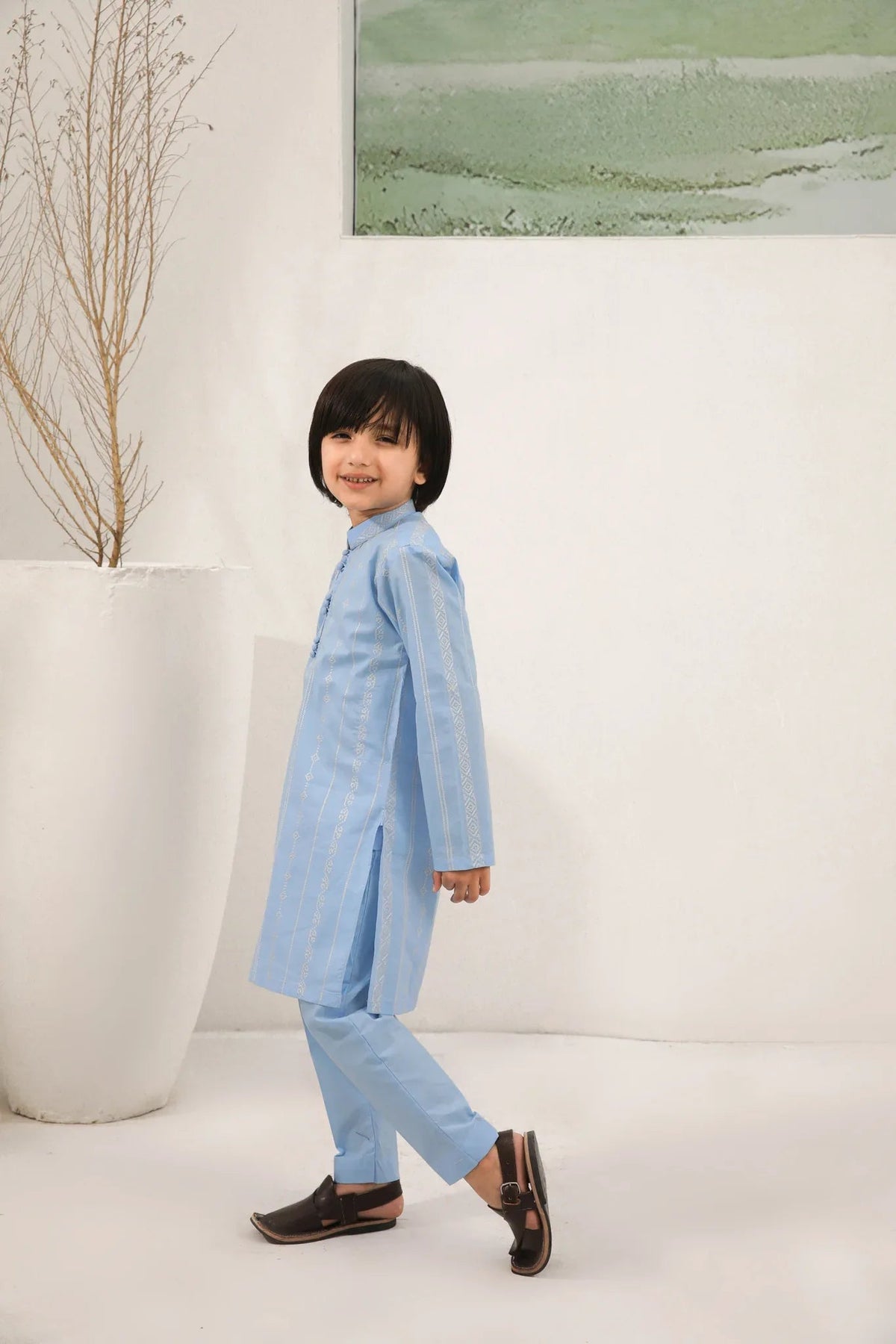 Sky Blue Cotton Embroidered Kurta Trouser - Kids