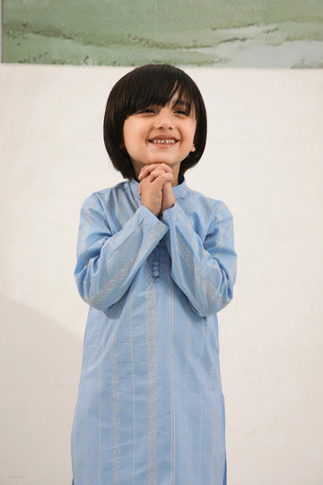 Sky Blue Cotton Embroidered Kurta Trouser - Kids