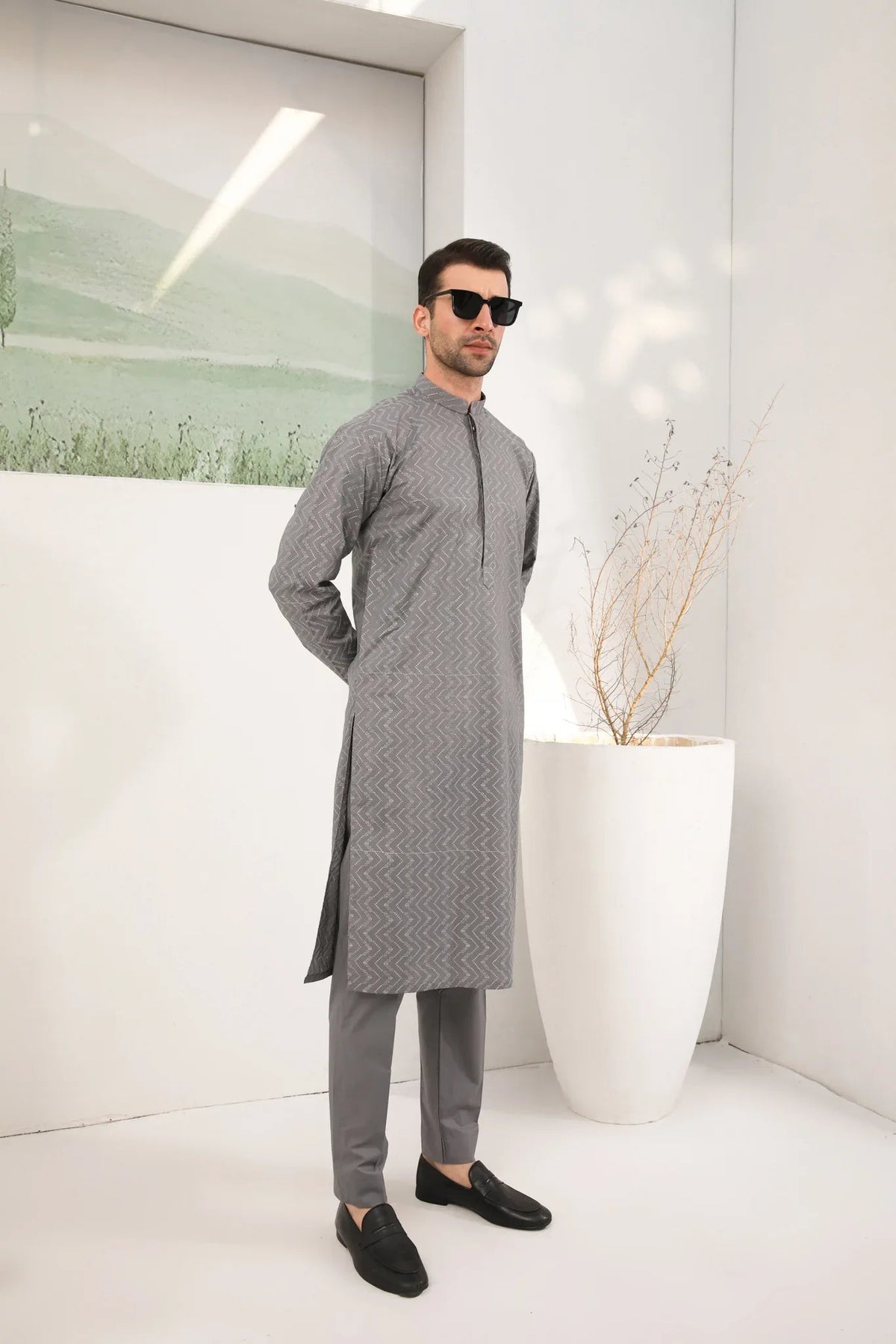Light Grey Cotton Embroidered Kurta Trouser - Men