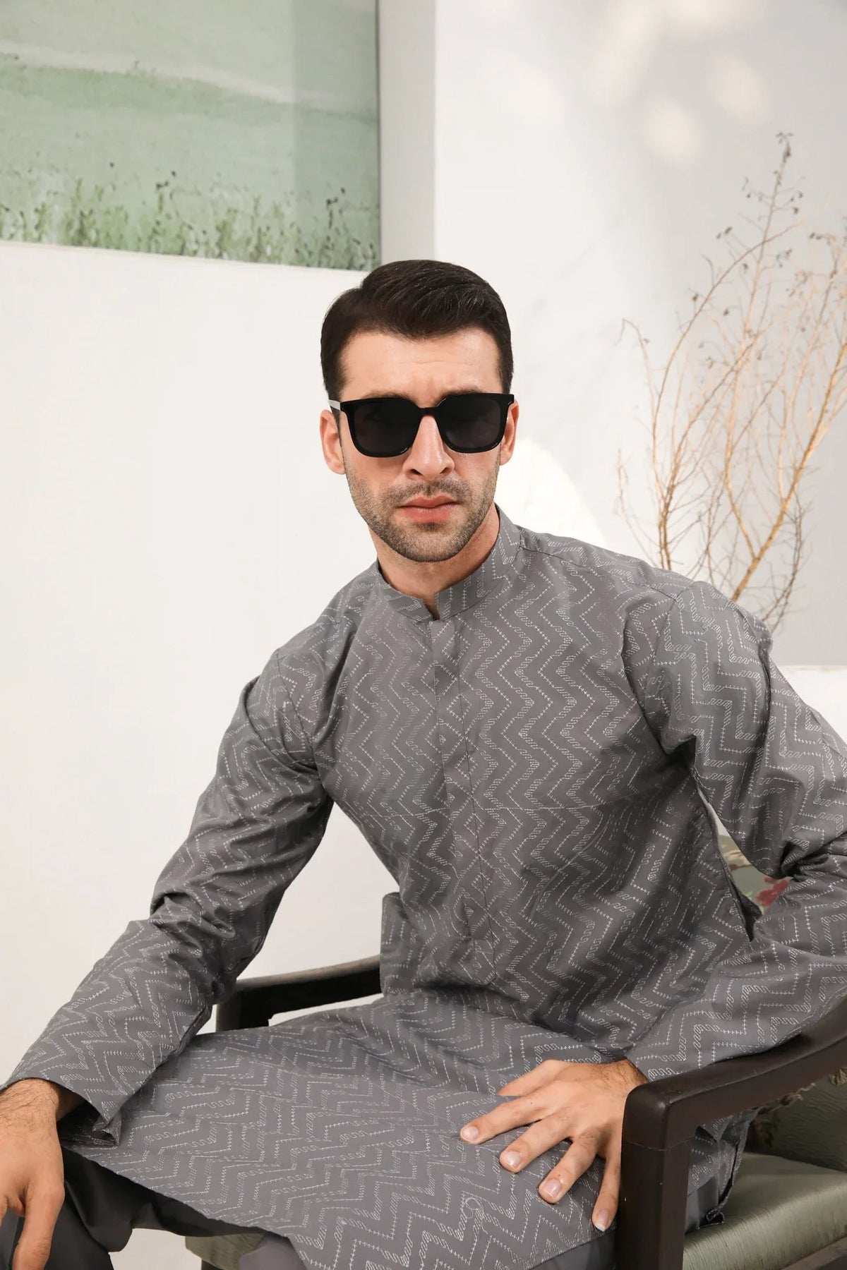 Light Grey Cotton Embroidered Kurta Trouser - Men