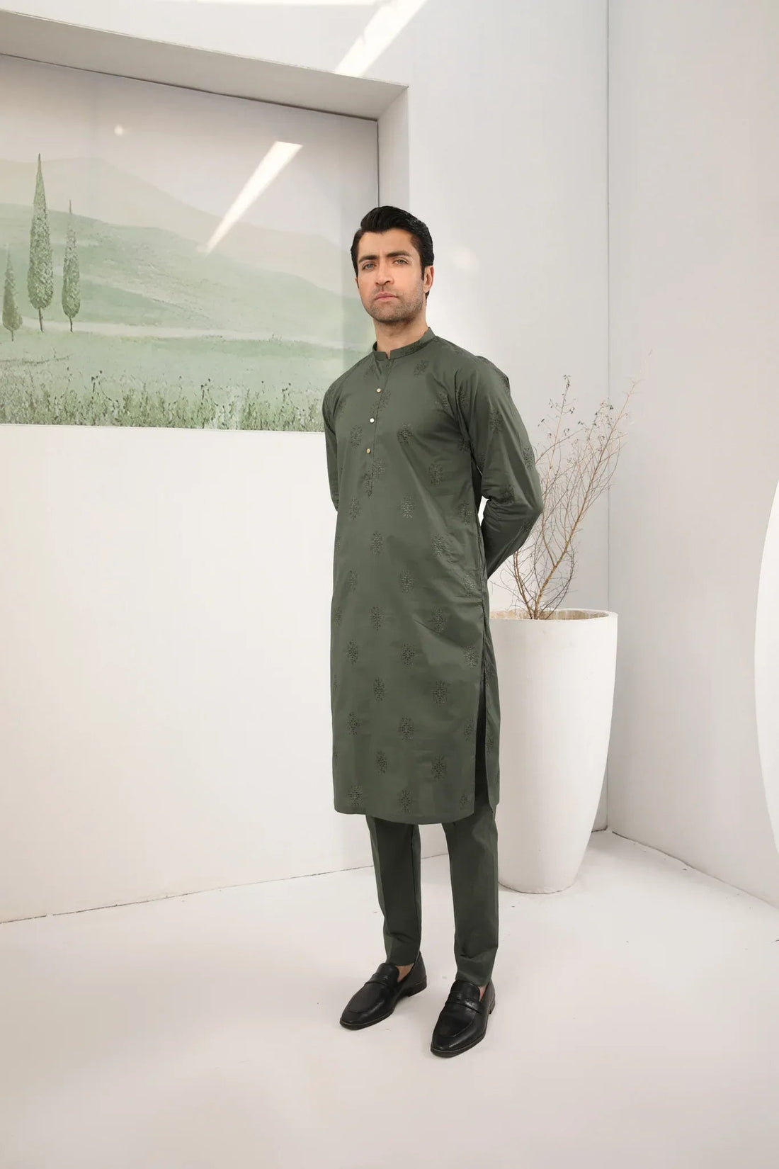 Army Green Cotton Embroidered Kurta Trouser - Men