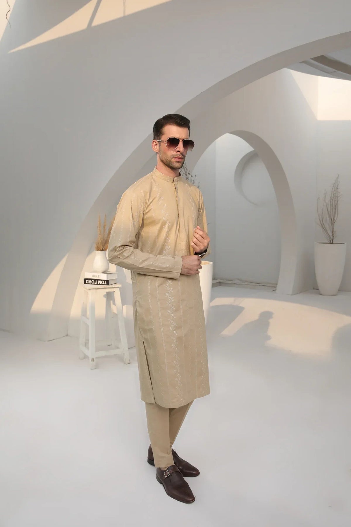 Ivory Skin Cotton Embroidered Kurta Trouser - Men
