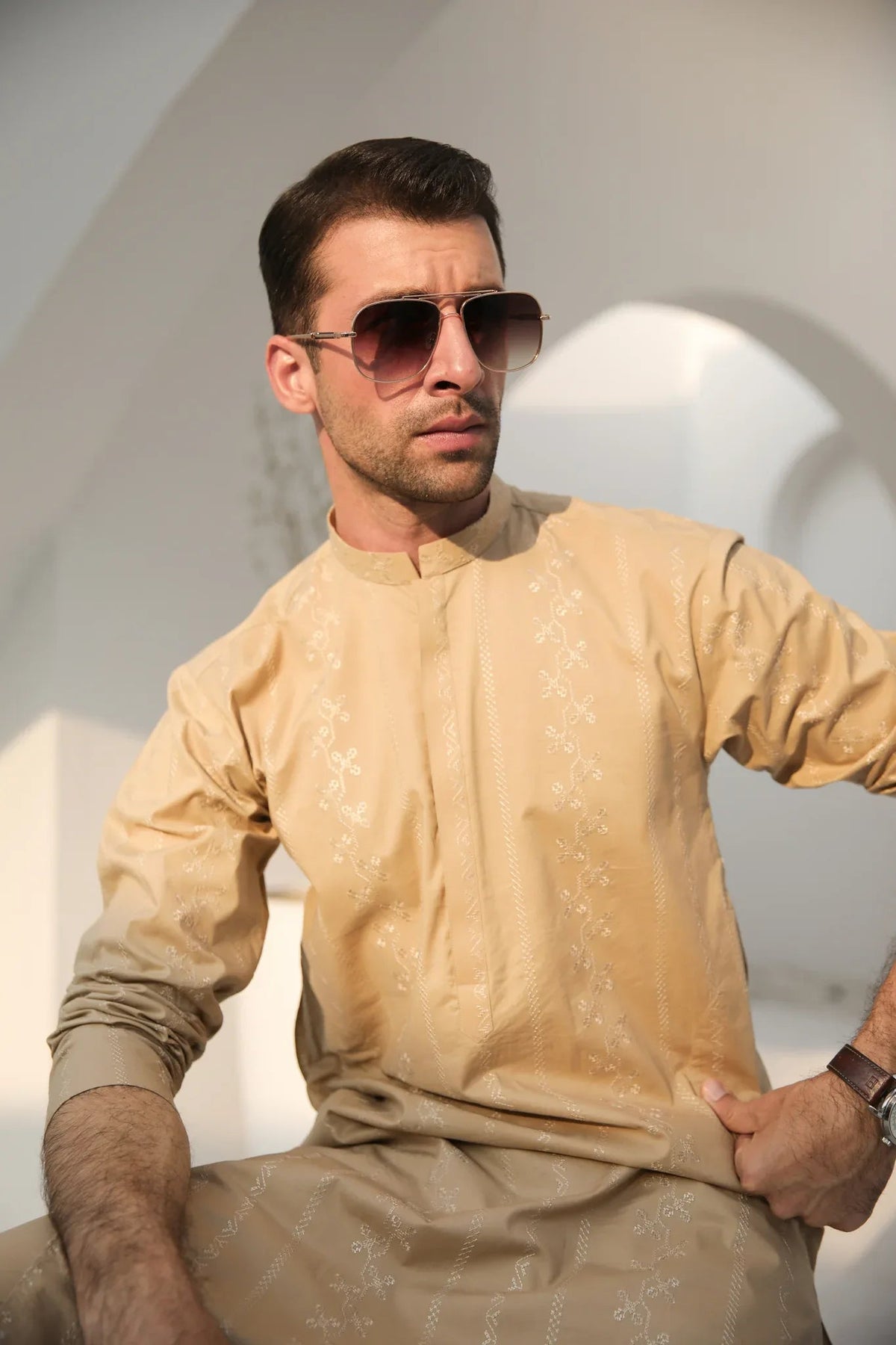 Ivory Skin Cotton Embroidered Kurta Trouser - Men