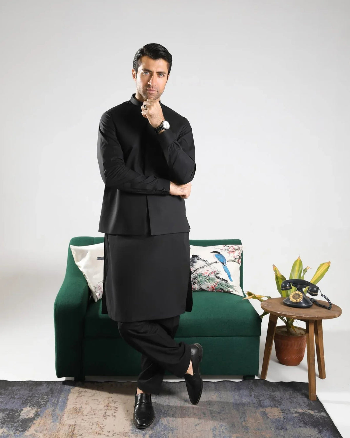 Black Soft Cotton Kurta Shalwar with Waistcoat - Men
