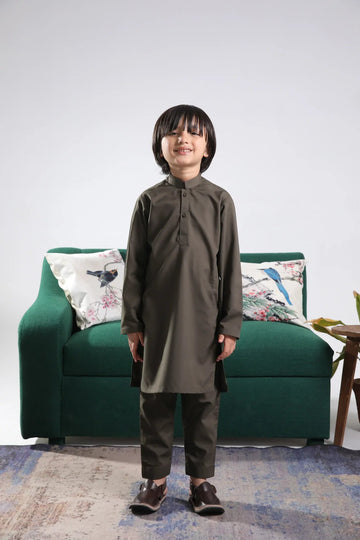 Olive Green Blended Kurta Trouser - Kids