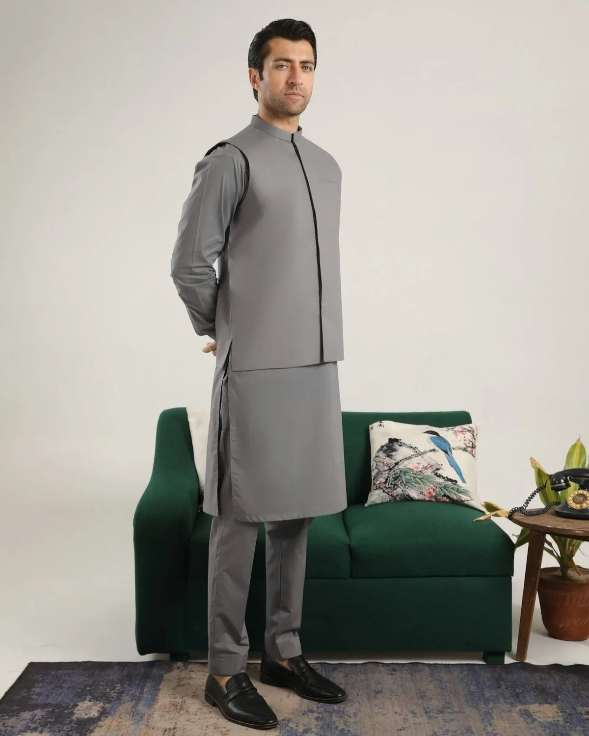 Light Grey Soft Cotton Kurta Trouser with Waistcoat - Men