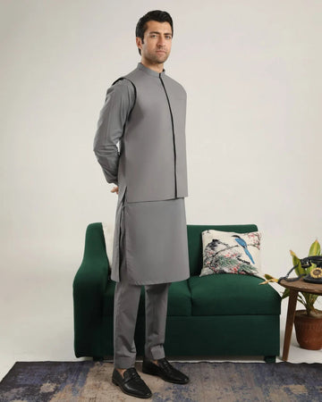 Light Grey Soft Cotton Kurta Trouser with Waistcoat - Men