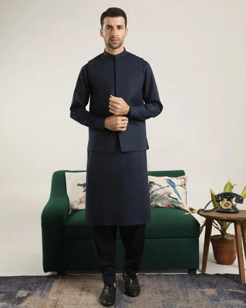 Dark Navy Blue Soft Cotton Kurta Shalwar with Waistcoat - Men