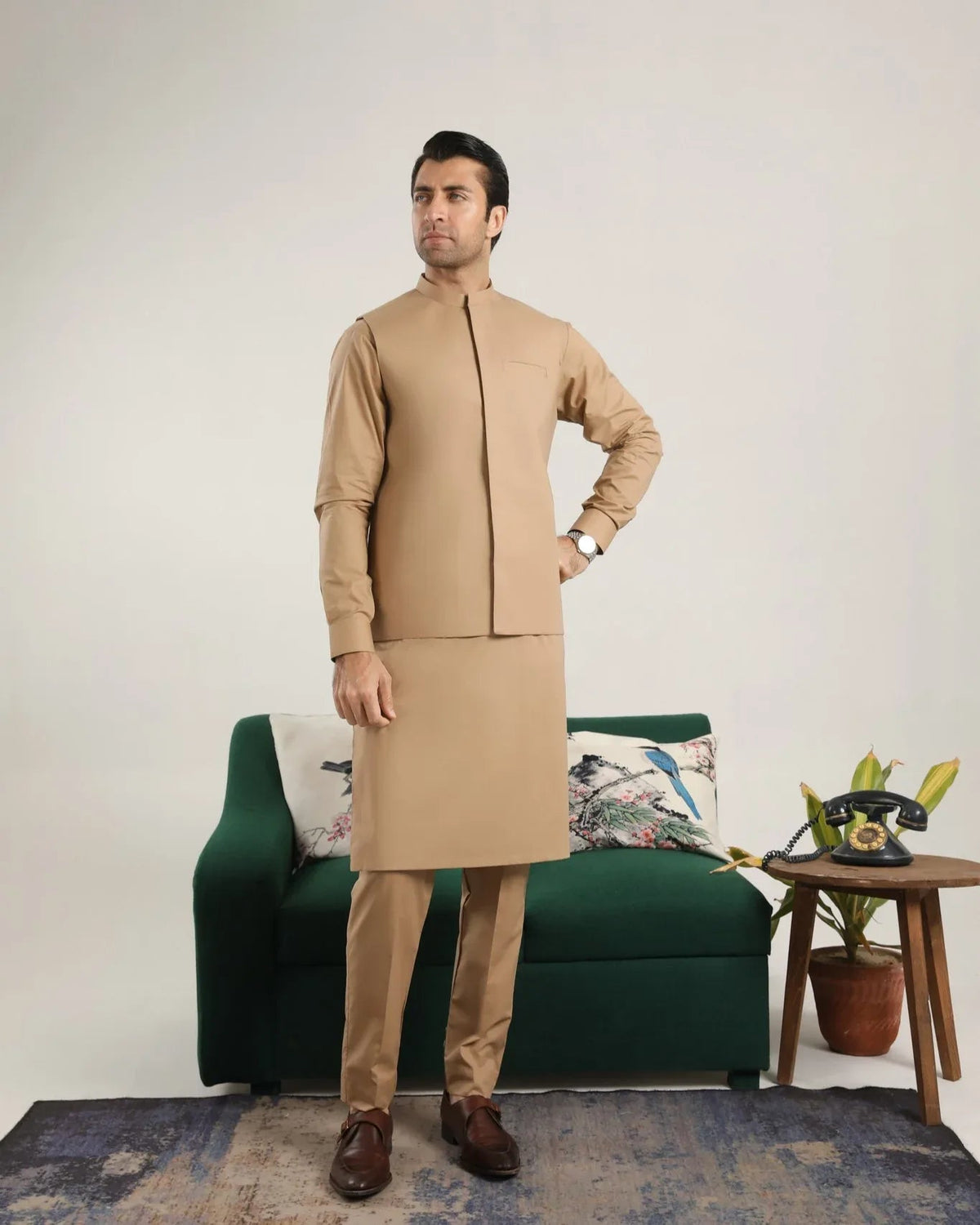 Camel Cotton Soft Kurta Trouser with Waistcoat - Men