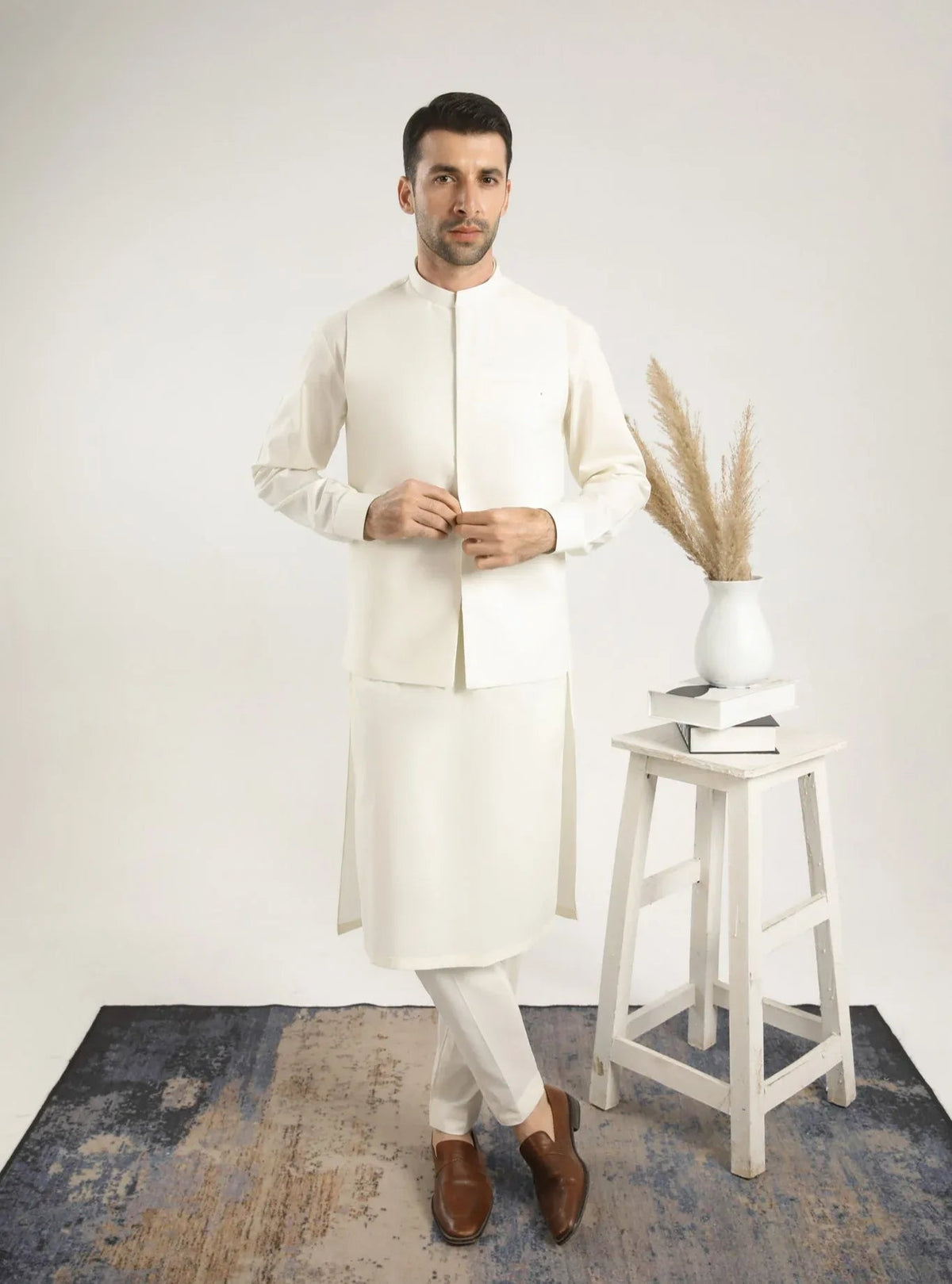 Bosky White Soft Cotton Kurta Trouser with Waistcoat - Men