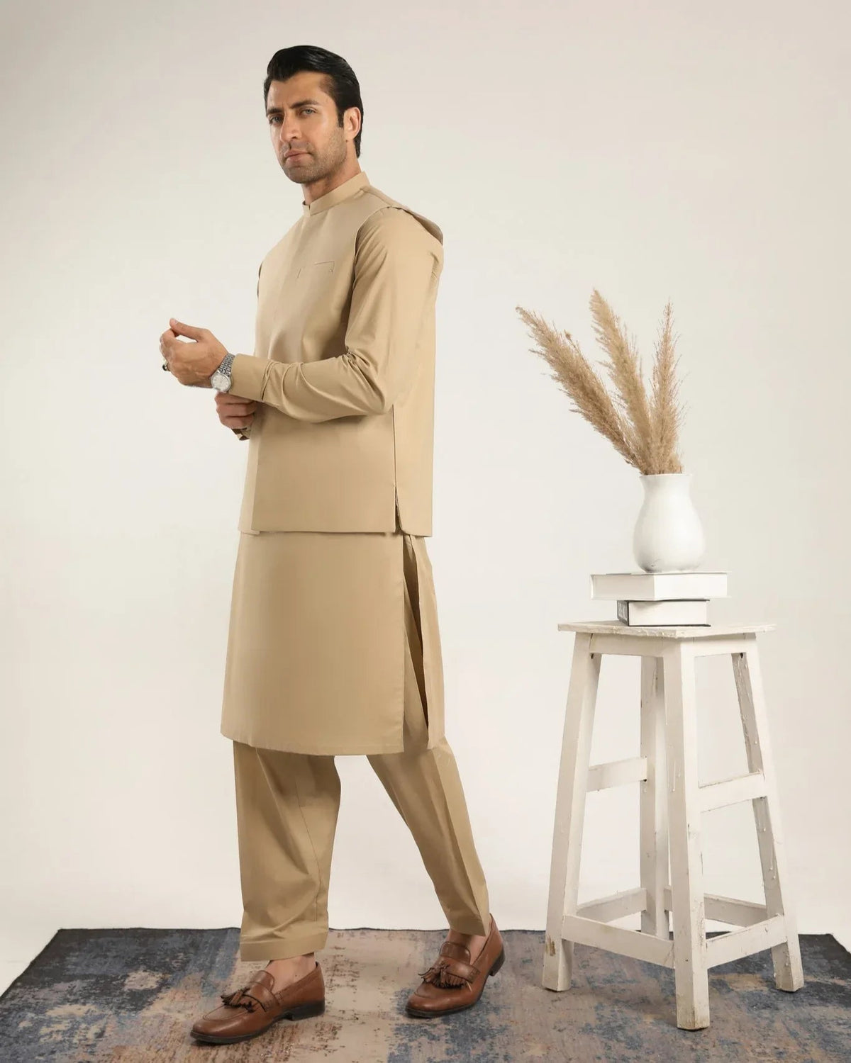 Ivory Skin Soft Cotton Kurta Shalwar with Waistcoat - Men