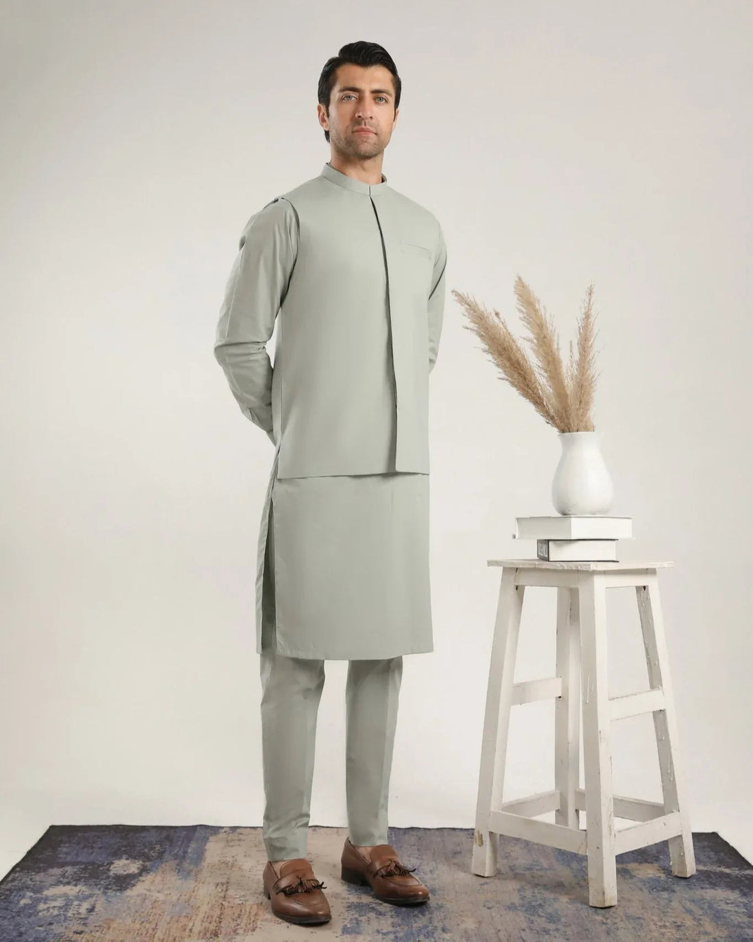 Light Mint Soft Cotton Kurta Trouser with Waistcoat - Men