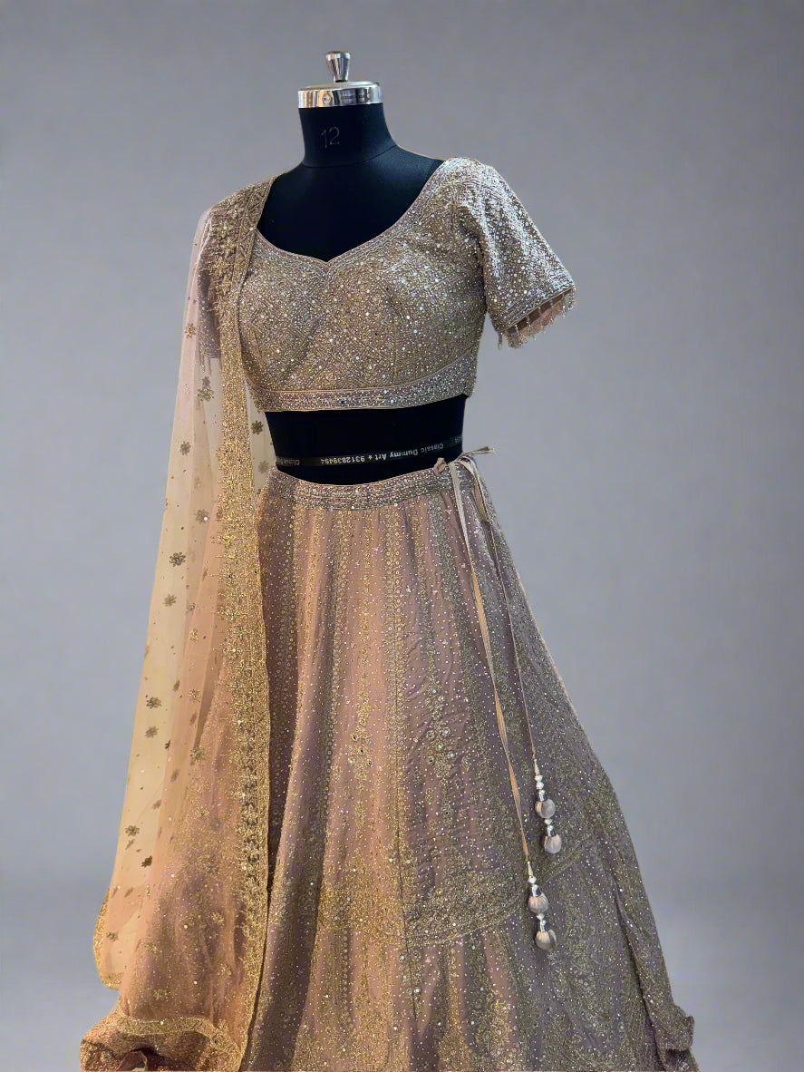 Blush pink net lehenga with heavy sequin embroidery