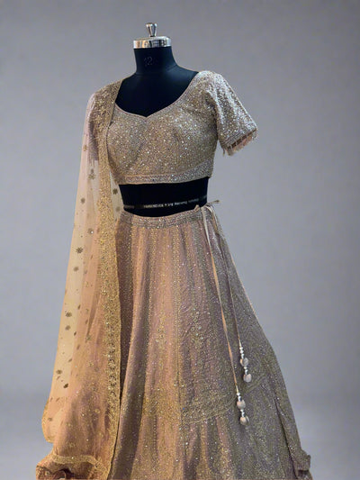 Blush pink net lehenga with heavy sequin embroidery