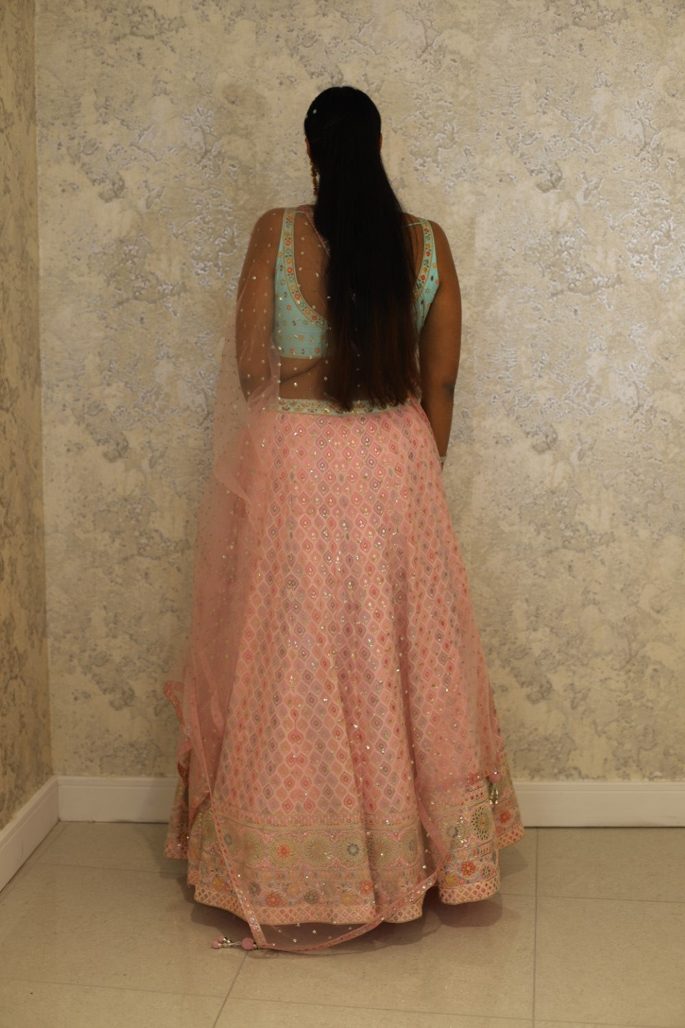 Pink Lehenga Net Embroidered Sequin Square Embellished Set