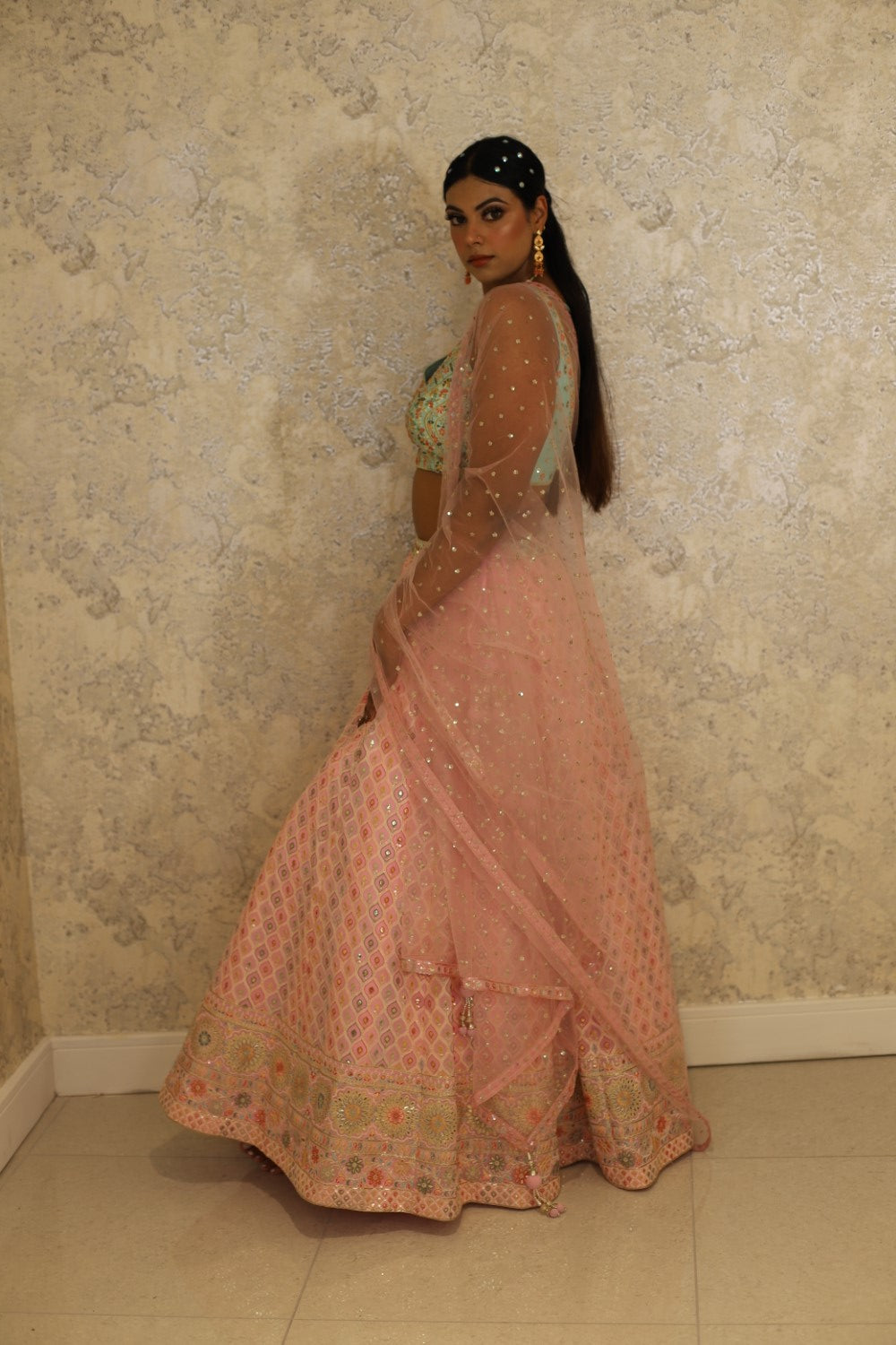 Pink Lehenga Net Embroidered Sequin Square Embellished Set