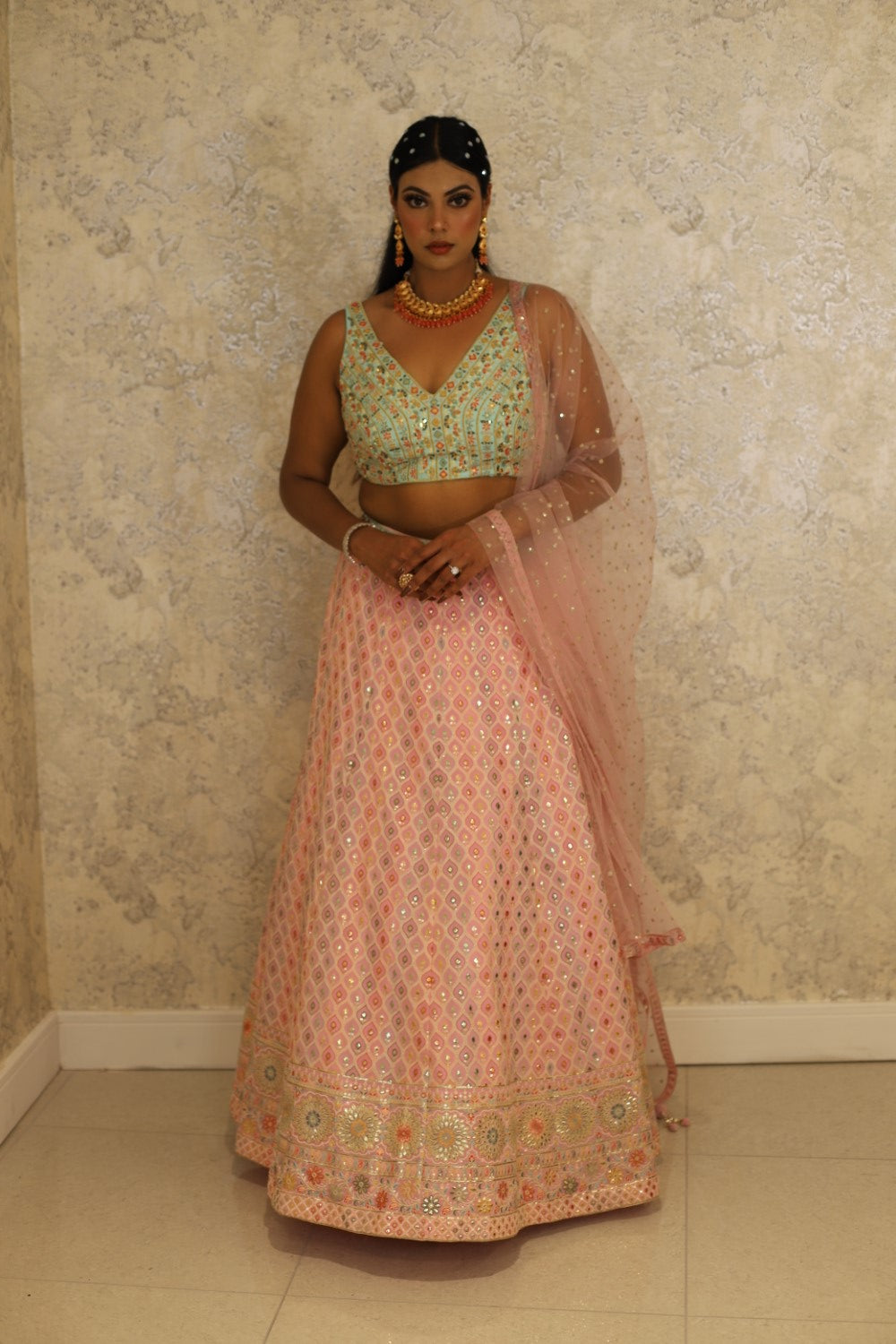 Pink Lehenga Net Embroidered Sequin Square Embellished Set Main image