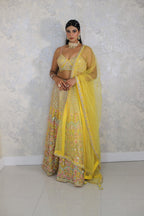 Yellow Embroidered Floral Notched  Zardozi Lehenga Set