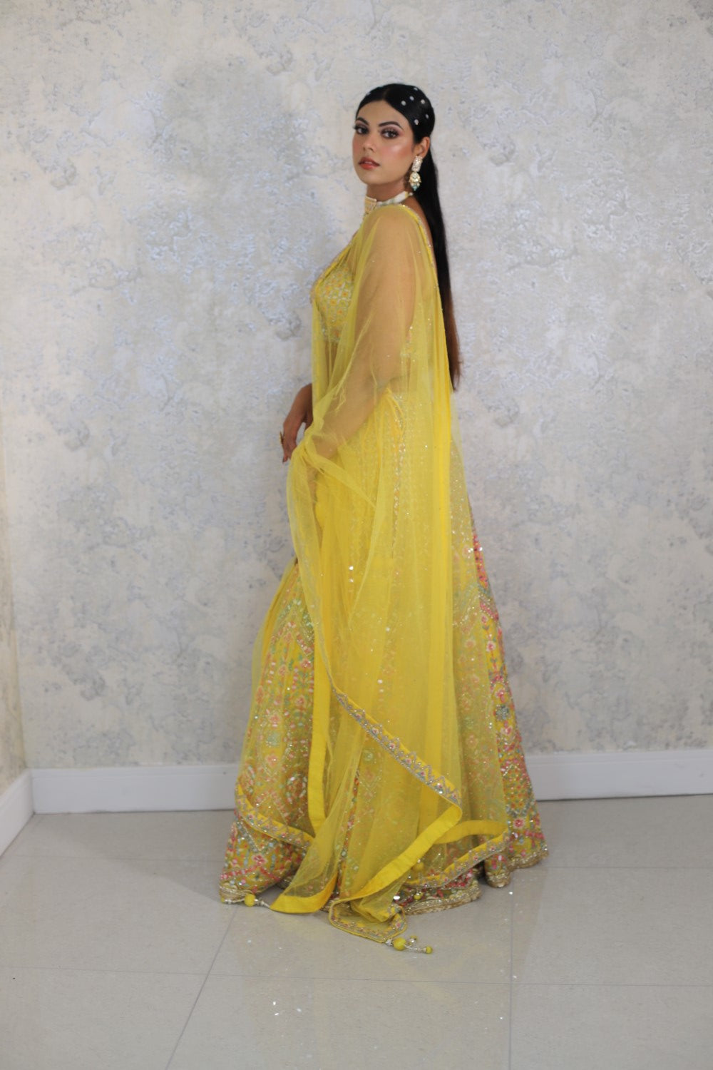 Yellow Embroidered Floral Notched  Zardozi Lehenga Set