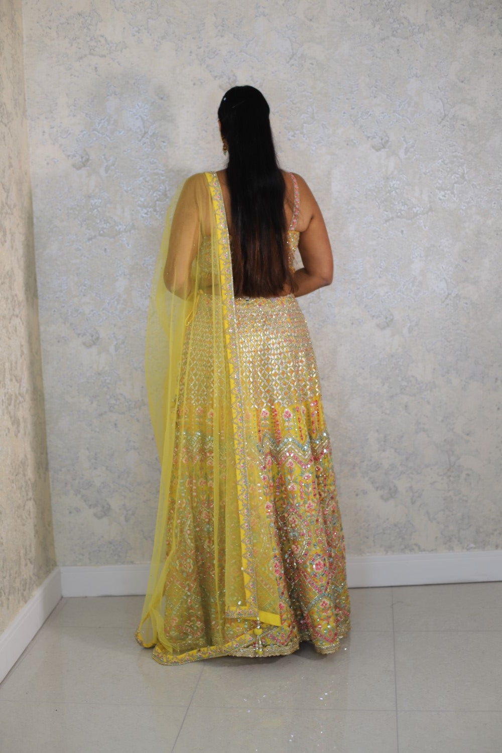 Yellow Embroidered Floral Notched  Zardozi Lehenga Set
