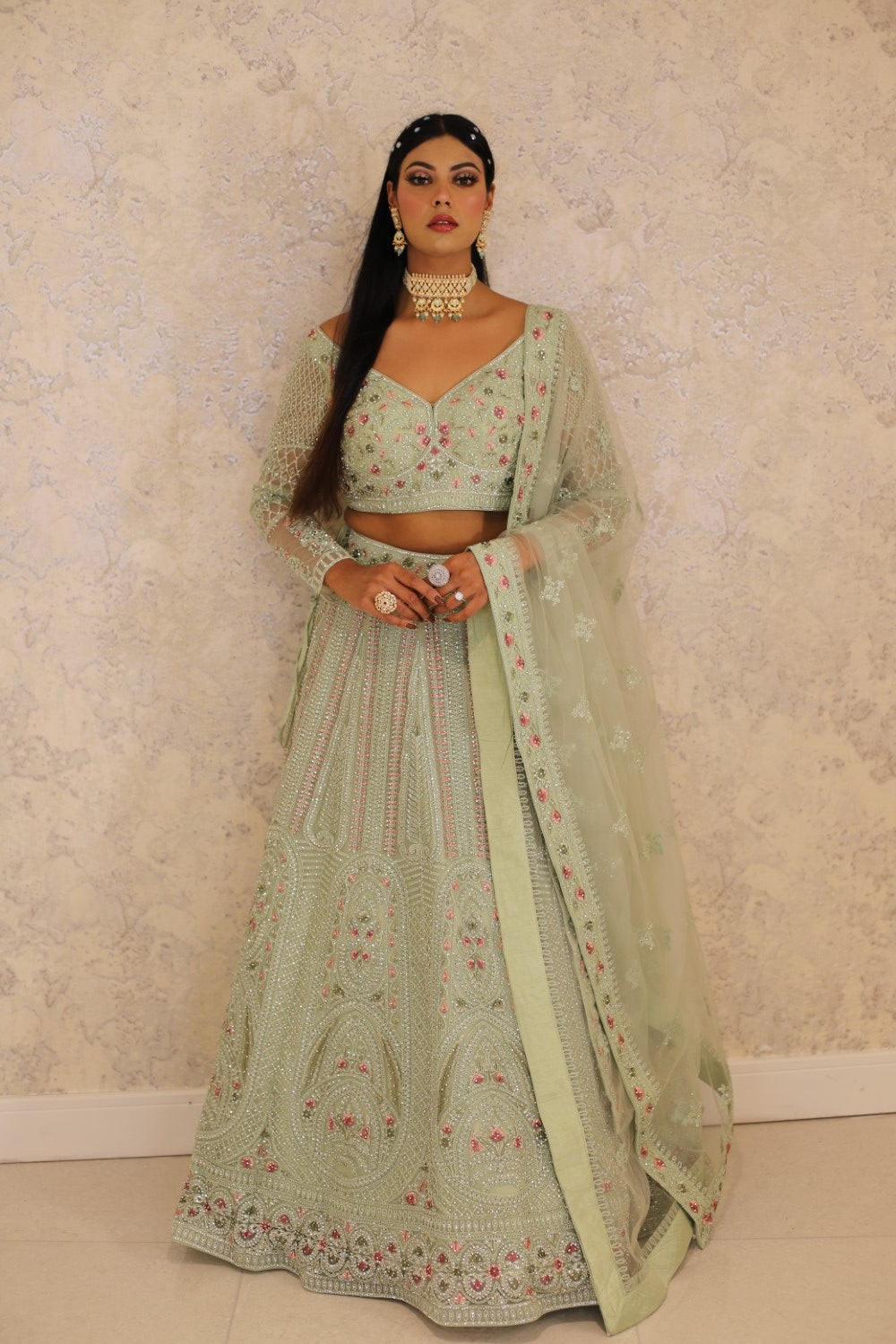 Green Lehenga silk Embellished Sequin Sweetheart Embroidered Set Main image