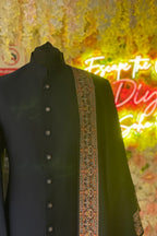 Blue Sherwani And Pant Textured Knit Embroidered Sequin Set With Stole