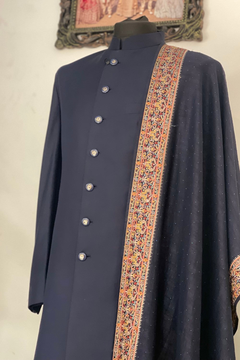 Blue Sherwani And Pant Textured Knit Embroidered Sequin Set With Stole