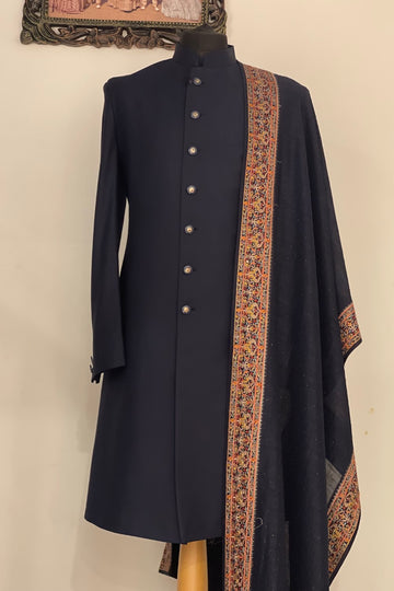 Blue Sherwani And Pant Textured Knit Embroidered Sequin Set With Stole