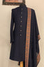 Blue Sherwani And Pant Textured Knit Embroidered Sequin Set With Stole